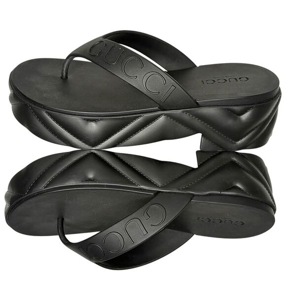 Gucci Rubber Chevron Logo Platform Thong Sandals Black Size 37 Box & Dust Bag - Picture 8 of 13